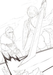 1boy 1boy1girl 1girls armor ass back_view big_ass big_butt black_and_white butt comic dark_souls female fight fighting helmet male male/female shield short_hair sword xiaohua