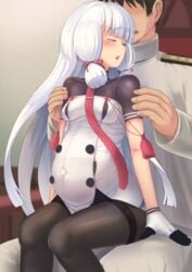 1boy 1girls admiral_(kantai_collection) bangs blush closed_eyes female fully_clothed gloves kantai_collection long_hair male maternity_pantyhose murakumo_(kantai_collection) necktie outie_navel pantyhose pregnant short_dress short_sleeves sidelocks sitting_on_lap sitting_on_person small_breasts straining_buttons sweatdrop taji_(crowview) thighband_pantyhose tight_clothing white_hair wide_hips