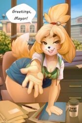 :3 animal_crossing anthro blush canine cleavage clothed clothing fully_clothed isabelle_(animal_crossing) iskra large_breasts miniskirt nintendo solo solo_female solo_focus tagme tail