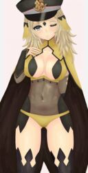 1girls ;) bare_thighs blonde_hair bodystocking breasts cape cleavage fire_emblem fire_emblem_fates grey_eyes hand_on_own_chest hat head_tilt large_breasts long_hair looking_at_viewer nintendo one_eye_closed ophelia_(fire_emblem) panties roaamuje sideboob smile solo thighs white_background wink yellow_panties