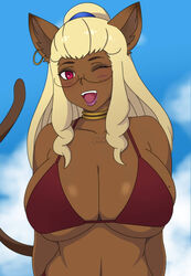 bikini cat_ears cat_tail cleavage dark-skinned_female huge_breasts legend_of_queen_opala makkrum mhu'tiki_(legend_of_queen_opala) winking_at_viewer