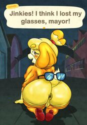 absurd_res animal_crossing anthro anus ass big_ass big_butt blush bottomless canid canine canis clothing crossover detailed_background dialogue digital_media_(artwork) domestic_dog eifiemoth english_text eyewear female footwear fur furry furry_only genitals glasses glasses_on_butt hair hanna-barbera hi_res isabelle_(animal_crossing) legwear looking_at_viewer looking_back mammal nintendo open_mouth outside partially_clothed plantigrade pussy rear_view scooby-doo shih_tzu shoes smile solo stockings tail teeth text thick_thighs topwear toy_dog velma_dinkley velma_dinkley_(cosplay) video_games yellow_body yellow_fur