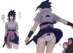 1boy 2girls bare_legs black_hair blue_hair clothed clothing cute female female_focus flashing_panties fully_clothed gender_transformation genderswap_(mtf) glasses japanese_text kooiko legs light-skinned_female light_skin looking_at_viewer mask naruto naruto_(series) naruto_shippuden panties perky_breasts petite pose posing red_hair rule_63 sasuke_uchiha sasuko sexy_no_jutsu shounen_jump skirt small_breasts spiky_hair standing sword thighs tobi uchiha_obito upskirt uzumaki_karin white_panties