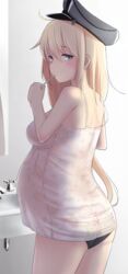 bathroom bismarck_(kantai_collection) black_panties blonde_hair blue_eyes brushing_teeth female female_only kantai_collection long_hair looking_at_viewer looking_back military_hat negligee panties pregnant solo taji_(crowview)