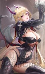 arms_up ass belly_button black_clothing black_legwear blonde_hair bondage breasts chains cleavage corset cross demon demon_girl demon_horns detailed_background elf_ears handcuffs head_tilt horns large_breasts lips lipstick long_hair long_sleeves looking_at_viewer looking_to_the_side navel necklace on_floor on_ground on_knees original pointy_ears red_eyes restrained straight_hair straps succubus tagme thick_thighs thighhighs thighs tsuki_no_i-min underboob vampire very_long_hair watermark wide_hips wings wraps