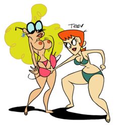 2girls accurate_art_style assisted_exposure bikini_pull dexter's_laboratory dexter's_mom milf miss_physics multiple_girls swimsuits teev topless_female what_a_cartoon