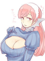 1girls blush breasts cherche_(fire_emblem) cleavage cleavage_cutout clothes_pull eyebrows eyebrows_visible_through_hair female fire_emblem fire_emblem_awakening headdress keyhole_turtleneck large_breasts long_hair long_sleeves meme_attire milf naughty_face nintendo parted_lips pink_hair seductive_smile shougayaki_(kabayaki_3) simple_background solo sweatdrop sweater upper_body white_background wing_hair_ornament