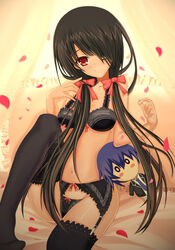 black_bra black_panties blush bow_bra bow_panties bra breasts cleavage date_a_live female garter_belt garter_straps hair_over_one_eye hair_ribbon heterochromia itsuka_shido lingerie long_hair looking_at_viewer otono_fei panties pillow red_eye ribbon ribbons rose_petals smile stuffed_toy thighhighs tokisaki_kurumi twintails very_long_hair yellow_eye