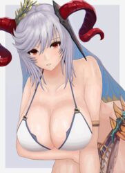 1girls alternate_costume bent_over bikini blue_hair breasts cleavage colored_inner_hair fire_emblem freyja_(fire_emblem) freyja_(summer)_(fire_emblem) grey_background grey_hair horns huge_breasts leaning_forward long_hair looking_at_viewer multicolored_hair nintendo official_alternate_costume red_eyes red_horns roaamuje solo swimsuit very_long_hair white_bikini white_swimsuit