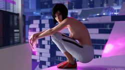 1girls 3d 3d_(artwork) asian asian_female black_hair breasts faith_connors faith_connors_(mirror's_edge_catalyst) female female_only major_guardian mirror's_edge mirror's_edge_catalyst nipples no_bra solo squatting topless topless_female