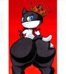 2021 ambiguous_gender anthro ass atlus big_ass big_butt black_body black_fur blue_eyes clothing collectollider crown dipstick_tail domestic_cat felid feline felis fur hand_on_butt hi_res huge_butt hyper hyper_butt kerchief looking_at_viewer looking_back male_only mammal markings megami_tensei megami_tensei_persona morgana_(persona) narrowed_eyes neckerchief red_kerchief red_neckerchief shirt simple_background smug solo solo_female tail_markings thick_thighs topwear traditional_media_(artwork) video_games white_body white_clothing white_fur white_shirt white_topwear wide_hips