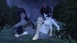 16:9 2girls bandage bandages black_eyes black_hair breasts creepy dark-skinned_female dark_skin facepaint female forest halloween halloween_costume horror light-skinned_female light_skin long_hair long_nails looking_at_genitalia looking_at_viewer medium_breasts medium_hair multiple_girls mummy on_ground open_eyes open_mouth outdoors pale-skinned_female pale_skin partially_clothed scissoring sharp_nails sitting tribadism yuri
