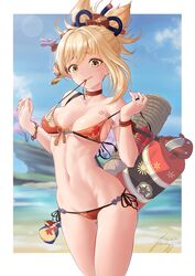 1girls beach bikini blonde_hair breasts chernyyvo chest_tattoo choker cleavage female female_only genshin_impact medium_breasts orange_bikini smile string_bikini swimsuit tattoo untied_bikini yellow_eyes yoimiya_(genshin_impact)