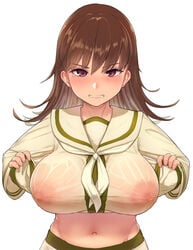 bangs big_breasts blush brown_eyes brown_hair clenched_teeth doujin_cover embarrassed female female_only kantai_collection large_areolae long_sleeves looking_at_viewer nipple_bulge nipples_visible_through_clothing no_bra ooi_(kantai_collection) see-through_clothing serafuku shirt_lift solo taji_(crowview) tears wet_clothes