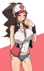 1girls aqua_eyes bag baseball_cap blush brown_hair clavicle closed_mouth creatures_inc. denim denim_shorts female game_freak hat hilda_(pokemon) human long_hair nanashi_maru nintendo pokemon pokemon_(game) pokemon_bw pokemon_character ponytail shirt shorts simple_background smile solo tied_hair watch white_background white_shirt wristwear