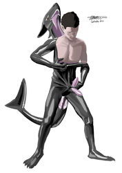 absurd_res anthro clothing fish genitals golecko hi_res male marine muscular owen penis rubber shark sleeve solo suit