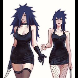 2girls alternate_breast_size bare_arms bare_shoulders black_eyes black_gloves black_nail_polish black_nails blue_hair breast_size_difference breasts cleavage clothed clothing dress elbow_gloves female female_focus female_only fishnet_stockings fishnets fully_clothed gender_transformation genderswap_(mtf) gloves hair_over_one_eye holding_object holding_weapon hourglass_figure knife kooiko legwear lips lipstick long_hair mature mature_female medium_breasts milf nail_polish naruto naruto_(series) naruto_shippuden painted_nails pink_lips pink_lipstick rule_63 sasuke_uchiha sasuko sexy_no_jutsu short_dress shounen_jump sleeveless sleeveless_dress small_breasts spiked_hair standing stockings teenager thighhighs uchiha_madara weapon wide_hips