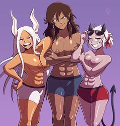 3girls abs areolae arm_on_shoulder arms_under_breasts artist_signature avatar_legends bandana biceps big_breasts bike_shorts blue_eyes breast_squish breasts brown_hair bubble_butt bunny_girl casual casual_nudity casual_topless clothing confident crossed_arms crossover dark-skinned_female dark_skin death_by_snoo_snoo demon_girl demon_horns demon_tail evil_smile female female_only fit_female furry_ears glasses grey_eyes hair_down hair_tubes happy head_tilt helltaker highres hourglass_figure human justice_(helltaker) korra large_breasts leaning_on_another light-skinned_female long_hair looking_at_viewer messy_hair miruko multiple_girls muscular muscular_female my_hero_academia nipples nude_female open_mouth pale-skinned_female pale_skin perky_breasts petite purple_background rabbit_ears rabbit_girl red_eyes rumi_usagiyama shorts side_by_side six_pack size_difference smile standing steecks sunglasses sunglasses_on_head tail take_your_pick tanned tanned_skin teeth the_avatar the_legend_of_korra thick_thighs tied_hair tomboy toned toned_female topless trio upper_body very_long_hair water_tribe white_hair white_skin wide_hips