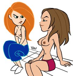 2girls bonnie_rockwaller breast_envy brown_hair disney disney_channel female female_only kim_possible kimberly_ann_possible multiple_girls nipples red_hair teev topless