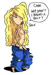 ambiguous_background baggy_pants blank_background blonde_hair curly_hair debbie_thornberry green_panties hair_over_one_eye looking_behind looking_down nickelodeon no_bra purple_lipstick ripped_pants solo solo_female tagme talking_to_self teenager teev topless white_background wild_thornberrys