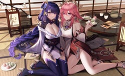 2girls bare_legs bare_shoulders blue_hair blush braid breasts cake closed_mouth couple dango dessert duo eternity_(shadeh) expressionless eyebrows_visible_through_hair eyes_visible_through_hair female female_only food genshin_impact hair_between_eyes hair_ornament heels high_heels indoors japanese_clothes large_breasts long_hair looking_at_viewer pink_hair purple_eyes raiden_shogun serious side-by-side sitting smile thighhighs very_long_hair yae_miko yokozuwari yuri