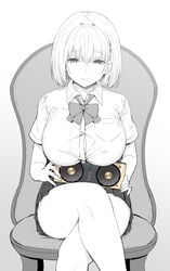 1girls 2020 ara_ara bare_arms bob_cut bow bowtie breast_rest breasts button_gap chair crossed_legs eyebrows_visible_through_hair female female_only greyscale hairclip highres himeko_(sky_(freedom)) holding_object huge_breasts joshi_kōsei_rich_thots legs_crossed looking_at_viewer monochrome nvidia original school_uniform short_hair simple_background sitting skirt sky_(freedom) smile solo thick_thighs thighs tight_clothing video_card white_background