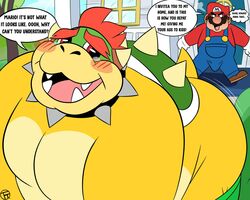 2021 2boys anthro ass big_ass big_ass_(male) big_butt blush bowser bubble_ass bubble_butt bulge butt clothed clothing comic detailed_background duo english_text erection erection_under_clothing facial_hair fat_ass fat_butt gay gloves handwear hat headgear headwear hi_res huge_ass huge_butt human human_on_anthro humor koopa male male/male male_only mammal mario mario_(series) moustache nintendo outside overalls overweight overweight_male scalie shirt silly_face superchub text topwear trashtoonz video_games