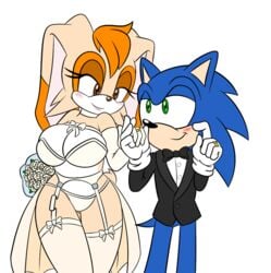 1boy 1girls anthro big_breasts black_nose blue_body blue_fur blue_hair blush bottomless bow_tie breasts brown_body brown_eyes brown_nose clothed clothing couple curvy curvy_figure eye_contact eyelashes flowers furry gloves green_eyes half-closed_eyes hedgehog holding_hands lips looking_at_another mammal milf mother orange_fur orange_hair rabbit rabbit_ears ring sega smile sonic_(series) sonic_the_hedgehog sonic_the_hedgehog_(series) sonicguru stockings suit vanilla_the_rabbit video_games wedding wedding_attire wedding_dress wedding_ring