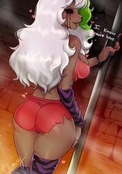 1girls ass dark-skinned_female dark_skin female female_only five_nights_at_freddy's five_nights_at_freddy's:_security_breach green_hair humanization humanized humanized_animatronic looking_back multicolored_hair no_eyes roxanne_wolf_(fnaf) short_shorts shorts solo thighs vixenery white_hair