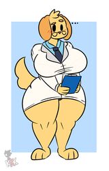 anthro anthro_only barefoot big_ass big_breasts big_butt blue_background blue_shirt blush canine dog_ears dog_tail doggy_style dr._jennifer_dogna eyebrows_raised facing_viewer furry head_tuft hi_res highres holding holding_object hourglass_figure huge_breasts huge_hips kingretrokirby labcoat labrador looking_at_viewer necktie panties panties_showing questioning standing standing_position stretched_clothing super_animal_royale tall tall_female thick_thighs tie video_game_character video_games white_background wide_hips