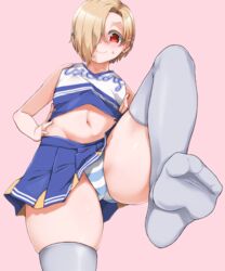 1girls aki_(sangetusei) bangs bare_shoulders blonde_hair blue_shirt blue_skirt blush breasts cheerleader crop_top feet foot_focus hair_over_one_eye highres idolmaster idolmaster_cinderella_girls leg_up looking_at_viewer midriff navel panties red_eyes shirasaka_koume shirt short_hair skirt small_breasts smile soles thighhighs thighs underwear