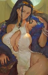 1girls 2021 artist_signature bare_legs big_breasts black_hair breasts cleavage cutesexyrobutts female female_focus female_only fully_clothed fur_boa hi_res hips huge_breasts inner_sideboob large_breasts long_hair looking_at_viewer nico_robin nipples_visible_through_clothing no_panties one_piece post-timeskip slim_waist suggestive_look sunglasses sunglasses_on_head thick_thighs thighs thin_waist very_high_resolution white_clothing wide_hips