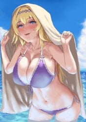 1girls 2018 bare_shoulders bikini blonde_hair blue_eyes blue_sky blush breasts cloud collarbone day female female female_focus female_only front-tie_bikini front-tie_top granblue_fantasy hairband huge_breasts jeanne_d'arc_(granblue_fantasy) leaning_forward lips long_hair navel ocean open_mouth side-tie_bikini sky solo solo_female solo_focus stomach swimsuit thighs tomiokasena tower wading