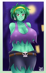 1girls abs arms_behind_back artist_signature azraelwebster belt blush breasts cleavage collarbone crop_top earrings eyebrows_visible_through_hair female female_only green_hair green_skin hairband huge_breasts large_breasts looking_at_viewer midriff monster_girl moon night nipple_bulge outdoors purple_tank_top red_eyes rottytops shantae short_hair shorts skull_belt skull_earrings smile smooth_skin solo solo_female standing tank_top thick_thighs thunder_thighs wayforward zombie zombie_girl