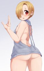 1girls aki_(sangetusei) ass back bare_arms big_ass blonde_hair bottom_heavy breasts earrings from_behind gradient gradient_background grey_background hair_over_one_eye highres idolmaster idolmaster_cinderella_girls jewelry looking_at_viewer looking_back meme_attire naked_sweater no_panties red_eyes ribbed_sweater shirasaka_koume simple_background small_breasts solo sweat sweater thick_thighs turtleneck turtleneck_sweater virgin_killer_sweater