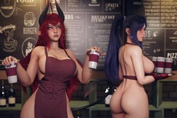 2girls 3d 3d_(artwork) apron areola_slip ass big_ass big_breasts big_butt blue_eyes blue_hair blurred_background blush blushing breasts breasts_out breasts_out_of_clothes breasts_visible_through_clothing brunette butt coffee coffee_cup coffee_mug colored_hair cup demon demon_girl demon_horns demon_tail demoness earrings elf_ears exposed exposed_ass exposed_breasts exposed_butt exposing exposure fangs female female_focus female_only fingerless_gloves fingernails gloves horns huge_ass huge_breasts human iced_latte_with_breast_milk irelia_xan league_of_legends light-skinned_female light_skin long_hair looking_away looking_to_the_side meme mug multiple_girls nail_polish naked_apron nipple_slip nude original_character partially_clothed partially_nude pointy_ears ponytail purple_hair purple_nails red_eyes red_hair ryanreos sideboob sinia succubus succubus_horns succubus_tail sweat tail thick_thighs wet