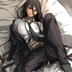 1boy androgynous bed_sheet black_hair clothed danganronpa danganronpa_3 izuru_kamukura kanmi_ro long_black_hair long_hair looking_at_viewer male male_focus male_only on_back on_bed red_eyes shirt_up smooth_skin solo_focus spread_legs