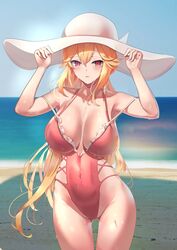 1girls absurdres azur_lane bare_shoulders beach blonde_hair breasts covered_navel day female female_only hand_on_headwear hat highres iris_libre_(azur_lane) large_breasts light-skinned_female light_skin long_hair looking_at_viewer maanu off_shoulder official_alternate_costume outdoors parted_lips pink_swimsuit purple_eyes richelieu_(azur_lane) richelieu_(fleuron_of_the_waves)_(azur_lane) solo swimsuit wet wet_clothes wet_swimsuit white_headwear