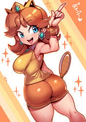 1girls ass athletic big_ass blue_eyes breasts brown_hair butt_crack crown female female_only flower_earrings light-skinned_female light_skin looking_back mario_(series) mario_tennis nintendo orange_theme princess_daisy short_hair shorts sideboob smile solo solo_female tagme tennis_racket tennis_uniform tsuki_wani tsukiwani tukiwani