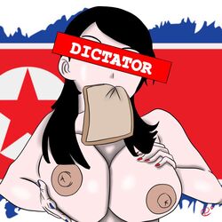 alternate_body_type alternate_breast_size areolae asian asian_female big_breasts big_nipples black_hair bread bread_in_mouth breasts censored diction english_text eyes_covered identity_censor kim_yo-jong korean korean_female large_breasts nipples north_korea north_korean_flag paizuri tagme titjob tits