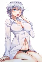 anastasia_(idolmaster) aqua_eyes black_panties blush breasts button_up_shirt cleavage eyebrows eyelashes eyelashes_visible_through_hair hair_between_eyes idolmaster idolmaster_cinderella_girls one_eye_closed open_mouth panties ryuu. shirt short_hair silver_hair simple_background tongue white_background white_shirt yawning