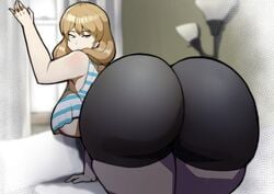 1girls big_breasts breasts brown_hair doublehero eye_contact female huge_ass large_breasts looking_at_viewer looking_back mature_female medium_hair pantyhose solo thick_ass thick_thighs thighs tight_clothing