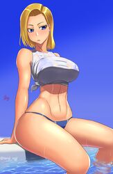 1girls android_18 bare_arms bare_shoulders bikini bikini_under_clothes blonde_hair blue_bikini blue_eyes breasts cowboy_shot curvaceous dragon_ball dragon_ball_z earrings edit facial_markings female female_only fully_clothed hoop_earrings jewelry large_breasts light-skinned_female light_skin looking_at_another looking_back married_woman milf mother navel outdoors partially_submerged pool shirt short_hair signature sitting sky sleeveless sleeveless_shirt smile solo swimsuit tenji thick_thighs thighs tied_shirt toned water wet wet_clothes wide_hips