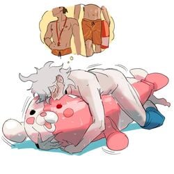 2boys cum cum_drip danganronpa danganronpa_s:_ultimate_summer_camp fantasizing fantasy hinata_hajime humping imagining lifeguard male male_focus male_only monomi_(danganronpa) nagito_komaeda pants_down rerengy straight_hair swimming_trunks swimsuit swimwear white_background