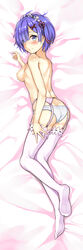 10s absurdres ass asymmetrical_bangs bangs bed_sheet blue_eyes blue_hair blush dakimakura_(medium) flower from_above full_body garter_belt hair_flower hair_ornament hair_ribbon head_tilt head_wreath highres kasoke_no_tsubasa long_hair lying nipples on_side panties re:zero_kara_hajimeru_isekai_seikatsu red_ribbon rem_(re:zero) ribbon ribbon-trimmed_sleeves ribbon_trim shiny shiny_skin short_hair thighhighs topless underwear underwear_only white_flower white_legwear white_panties