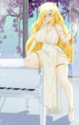 blonde_hair blush breasts cleavage dress drunk hair_ornament heels high_heels hime_hajime huge_breasts large_breasts leaning_on_object long_hair mature milf necklace necklace_between_breasts peachcupp piano seductive seductive_look seductive_smile thick_thighs thigh_band virtual_youtuber vshojo wide_hips