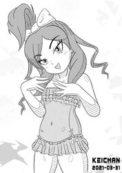 1girls 2021 female_focus female_only greyscale hairbow jessica_(stitch!) keichan long_hair looking_at_viewer navel one-piece_swimsuit simple_background slightly_chubby smiling stitch! swimsuit