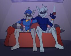 5_toes anthro bottomless clothed clothing conner_cooper darkajugin duo erection father father_and_child father_and_son feet furniture genitals hi_res humanoid male male/male mammal parent parent_and_child penis procyonid raccoon relaxing sly_cooper sly_cooper_(series) smoking smooth_fur sofa son sony_corporation sony_interactive_entertainment sucker_punch_productions toes video_games