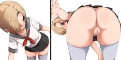 1girls aki_(sangetusei) anus_peek ass bangs between_legs black_skirt blonde_hair blush breasts cleft_of_venus ear_piercing hair_over_one_eye highres idolmaster idolmaster_cinderella_girls innie_pussy looking_at_viewer looking_back miniskirt multiple_views open_mouth partially_visible_vulva piercing red_neckwear sailor_collar shirasaka_koume shirt short_hair short_sleeves simple_background skirt small_breasts thighhighs thighs thong white_background white_legwear white_shirt