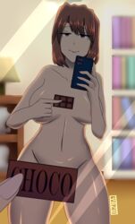 brown_hair censored chara chocolate huge_breasts phone red_eyes tagme undertail undertale yazu_(artist) yazuel_aliel